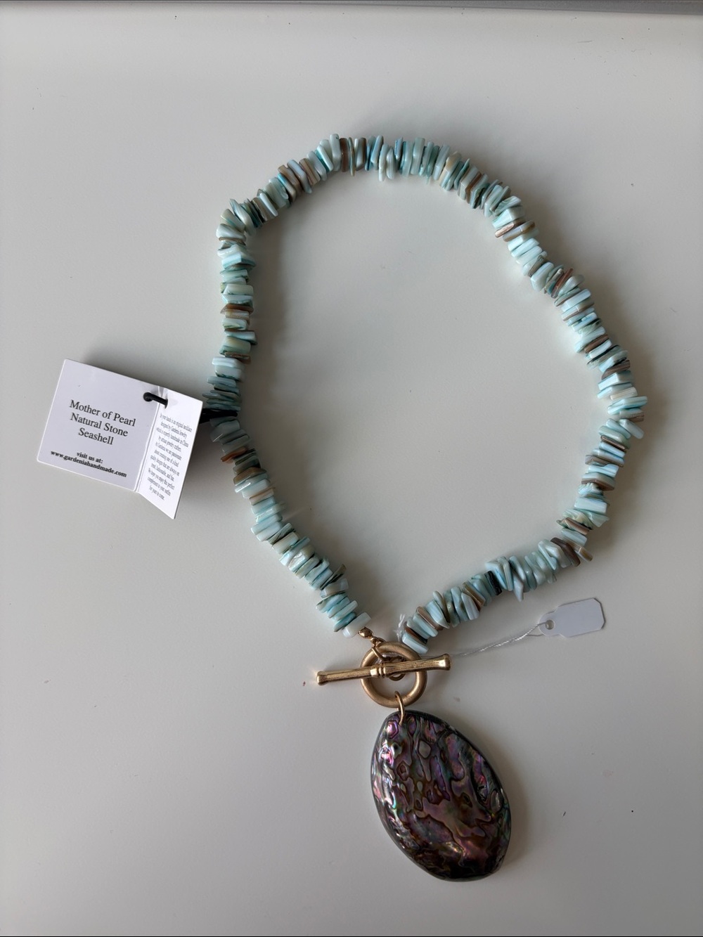 Seashell Mother of Pearl Aqua Chip Necklace with Abalone Pendant